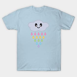 Kawaii Cute Raining Rainbow Rain Cloud in Blue T-Shirt